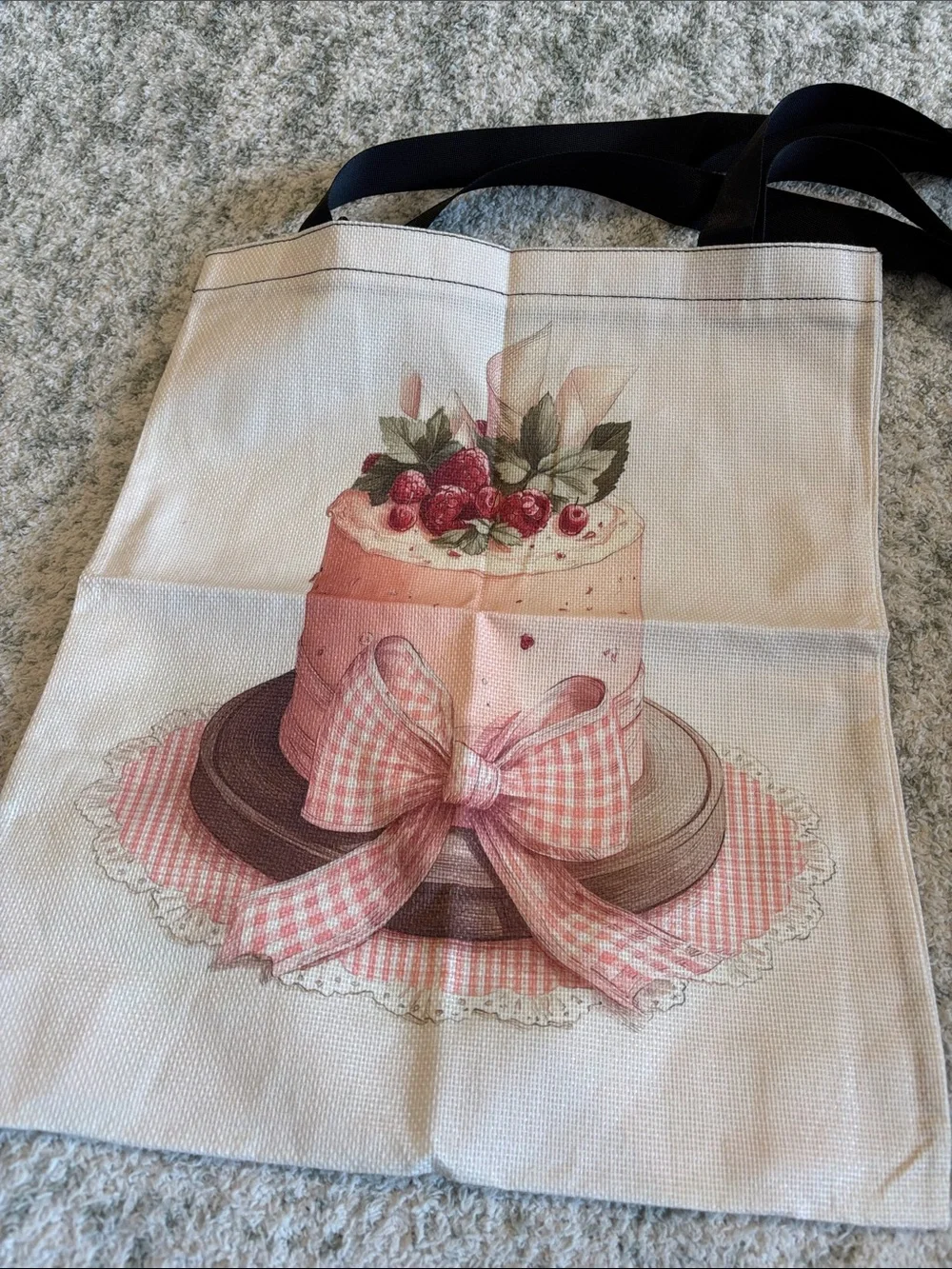 Pink Raspberry Cake Poly Canvas Tote Bag with Black Straps NWT 13.50x15.75”